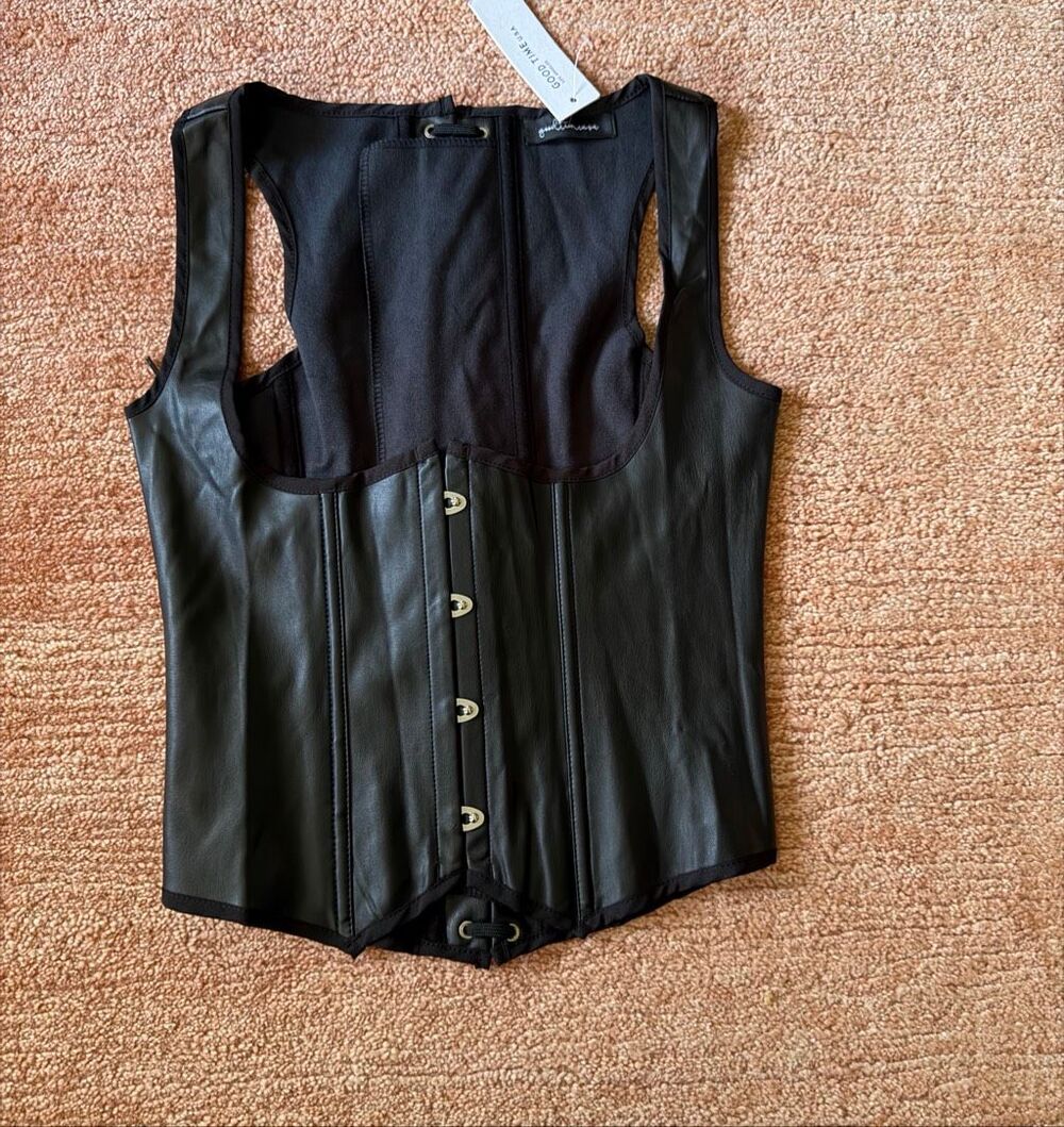 Good Time USA Faux Leather Corset Top Size S Black Lace Up NWT